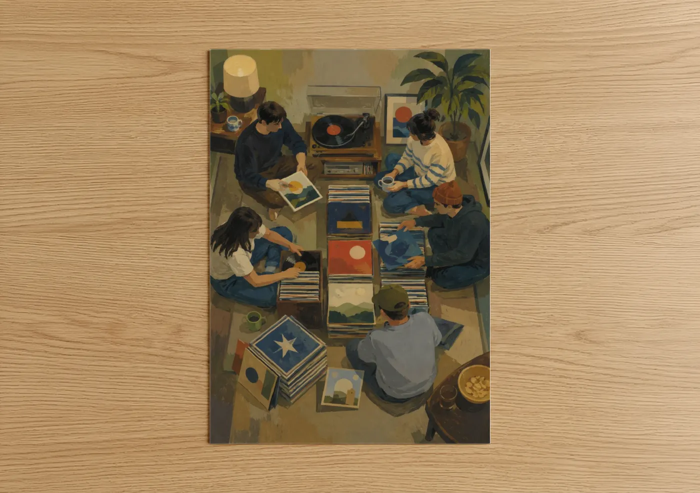Vinyl records art print on warm oak wood — blue and beige palette — Vinyl Record Collectors Gathering Wall Art poster