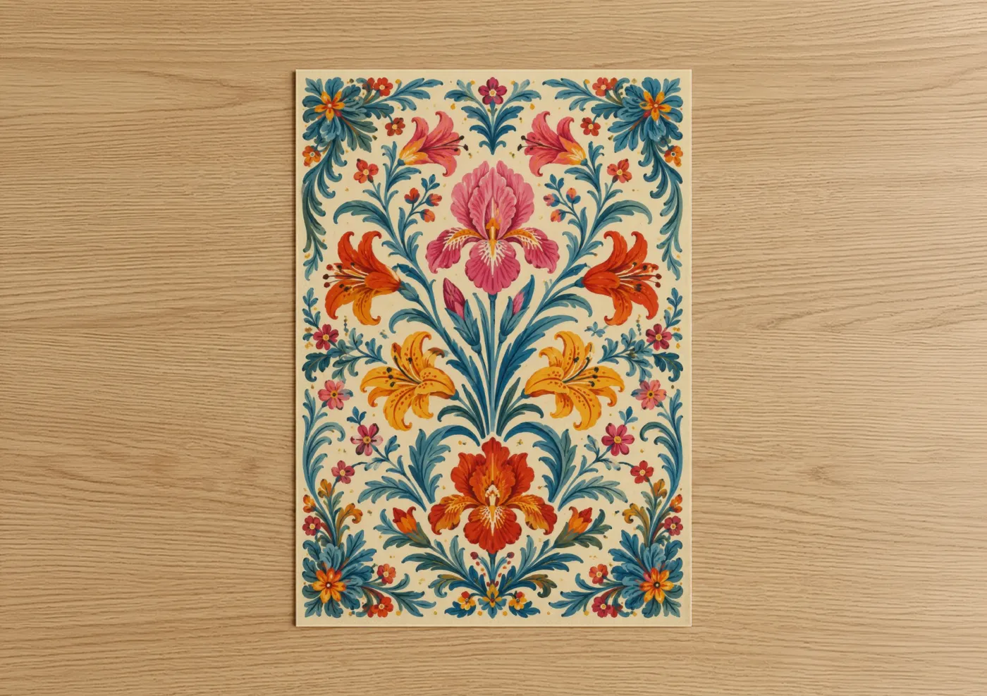 Iris art print on warm oak wood — orange and blue palette — Ornate Floral Symmetry Wall Art poster