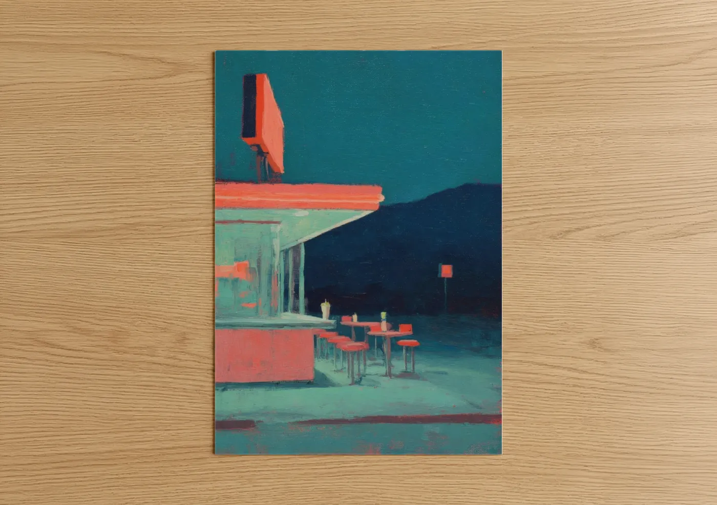 Fast food art print on warm oak wood — teal and red palette — Neon Diner Night poster