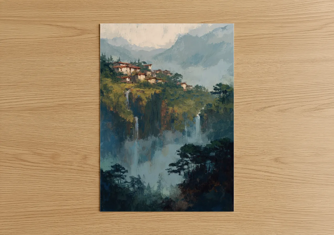 Mountain Village Landscape Waterfall Wall Art