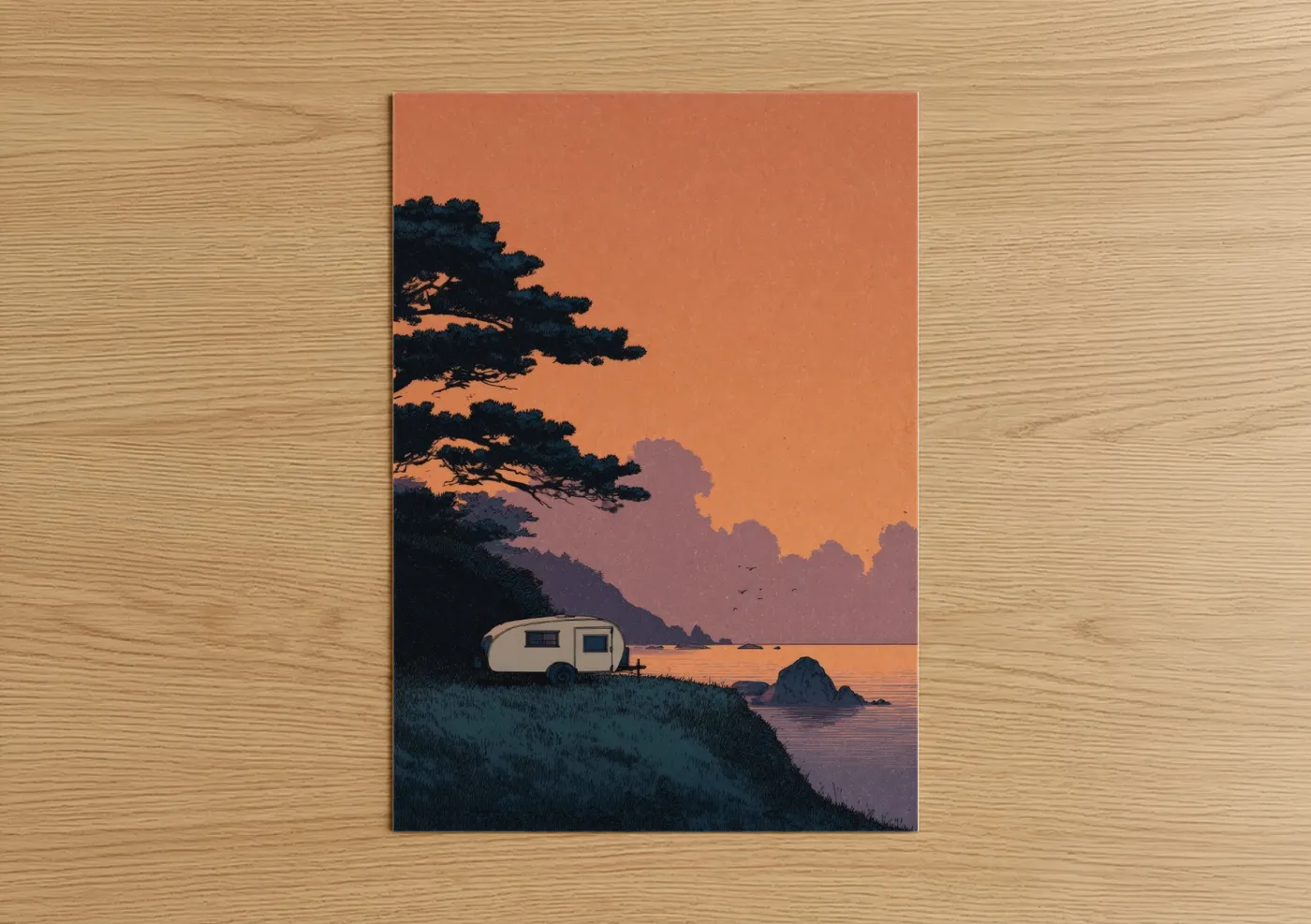 Camping art print on warm oak wood — orange and maroon palette — Sunset Campsite poster