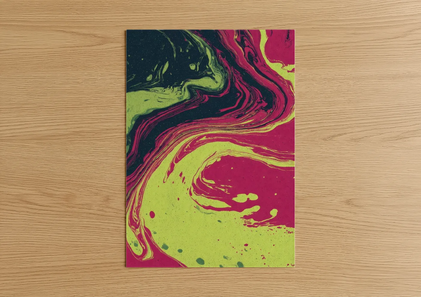 Body art art print on warm oak wood — magenta and lime green palette — Neon Fluid Abstract poster