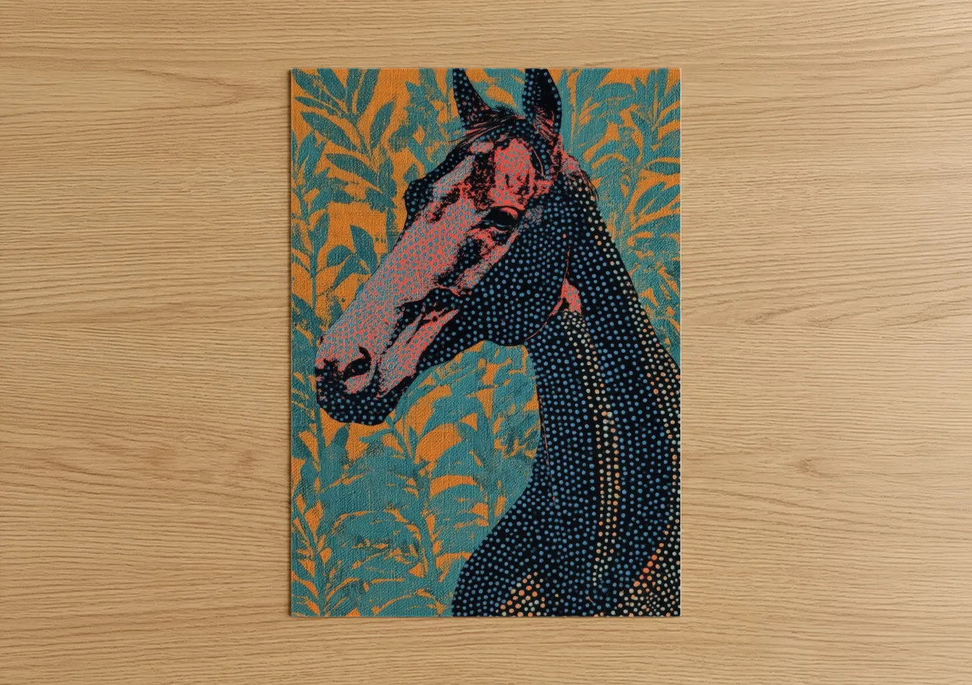 Thoroughbred horse art print on warm oak wood — gold and teal palette — Coral Thoroughbred poster