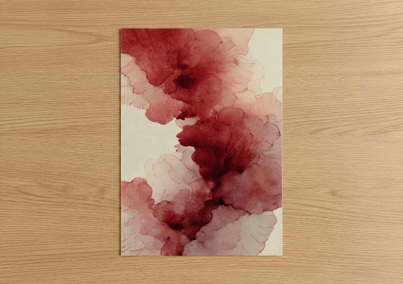 Red wine art print on warm oak wood — red and cream palette — Crimson Wine Flow poster