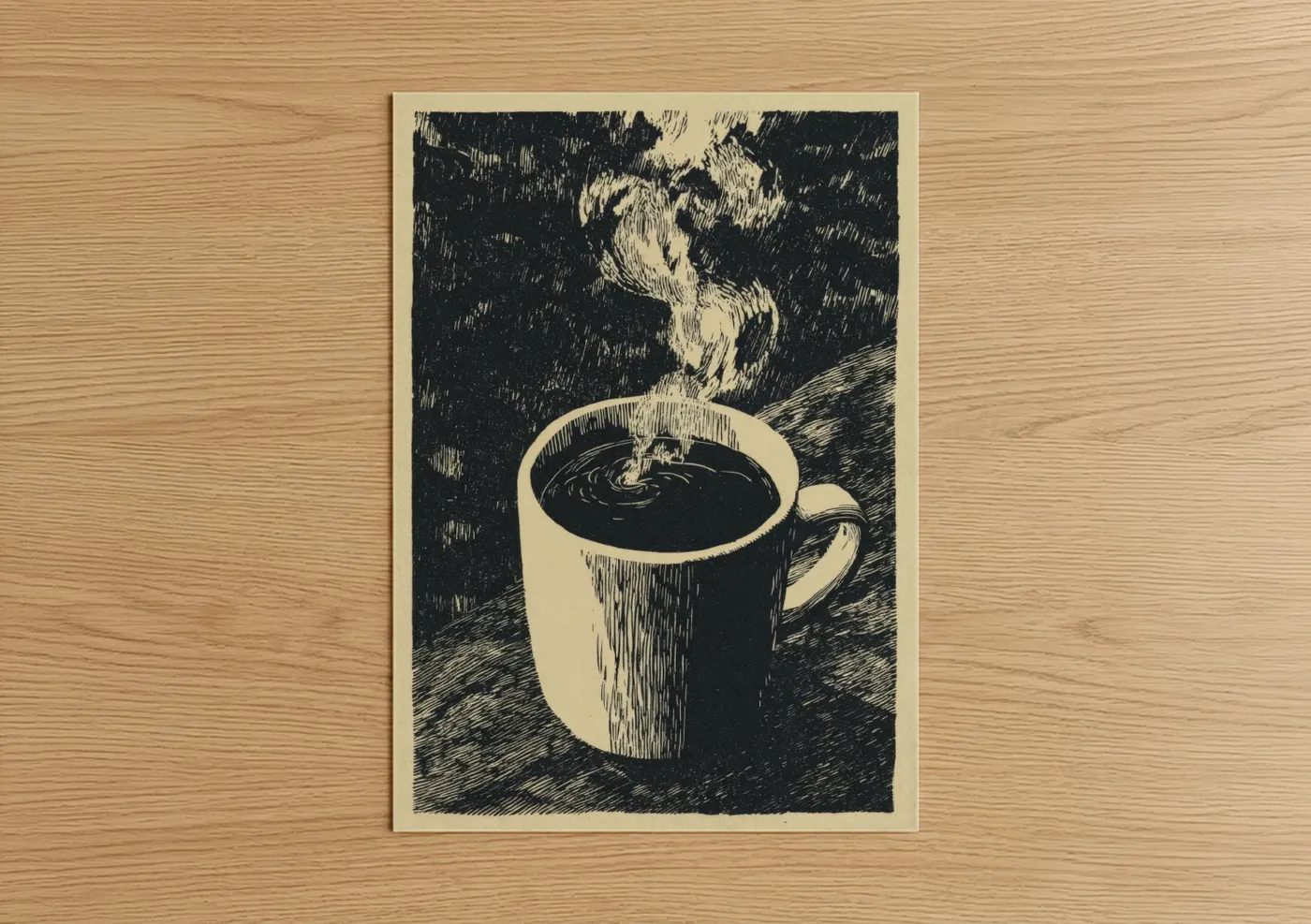 Steaming Coffee Cup Woodcut Illustration Wall Art