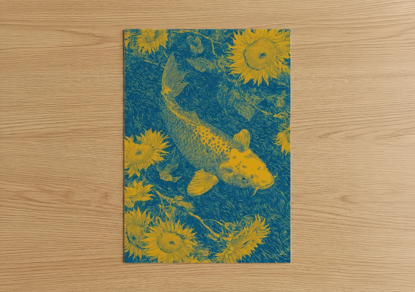 Koi fish art print on warm oak wood — gold and blue palette — Sunflower Koi poster