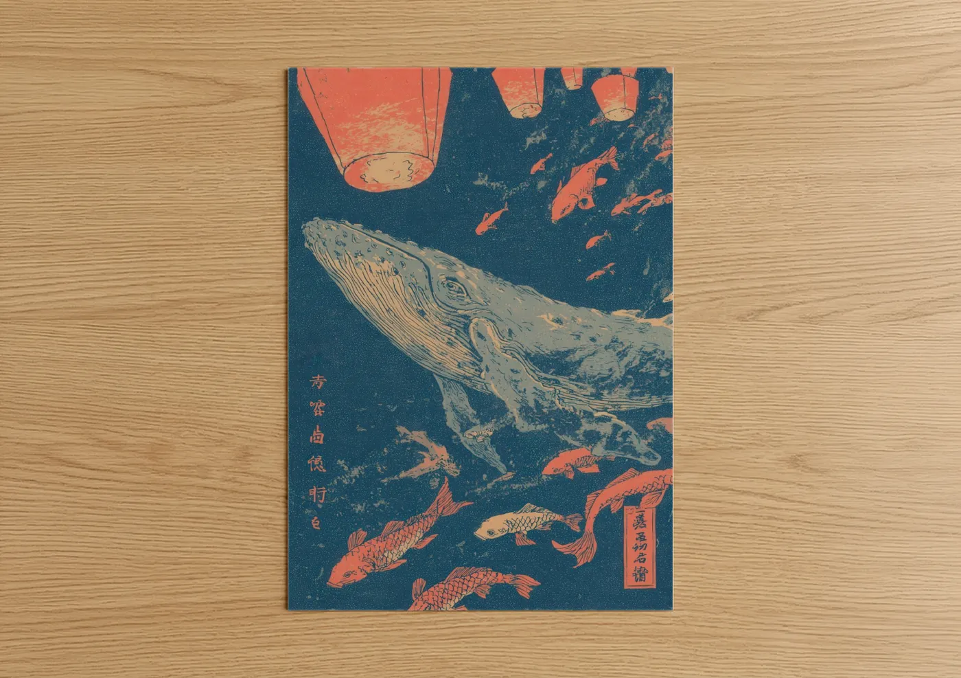 Blue Whale with Lanterns Japanese Wall Art