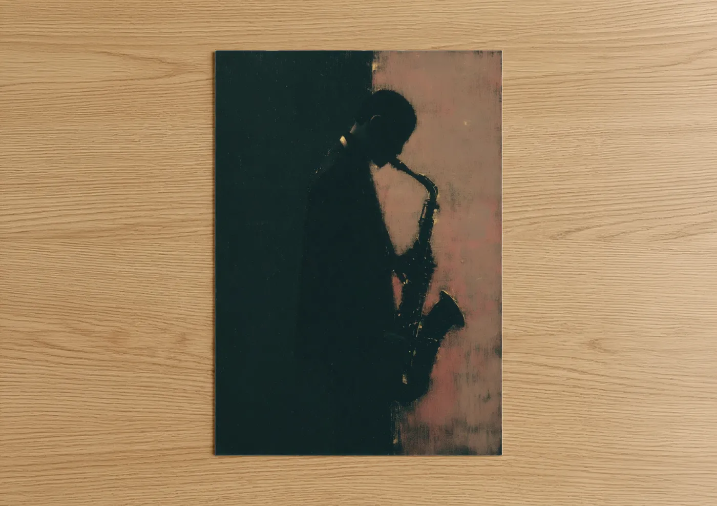 Saxophone art print on warm oak wood — peach and black palette — Jazz Saxophonist poster
