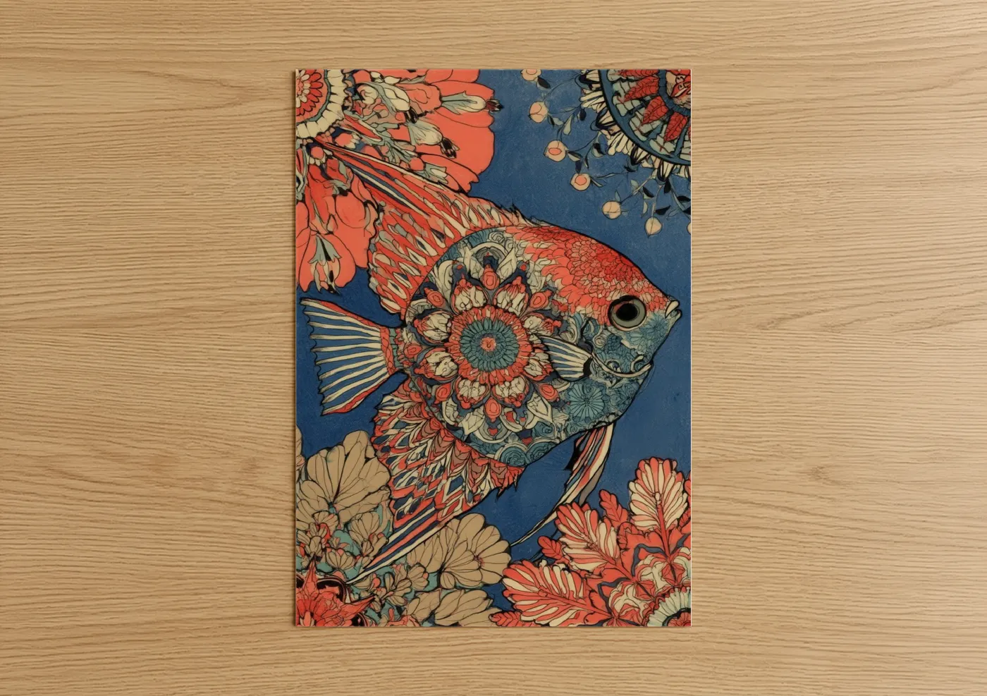 Art print on warm oak wood — red and blue palette — Ornamental Angel Fish poster