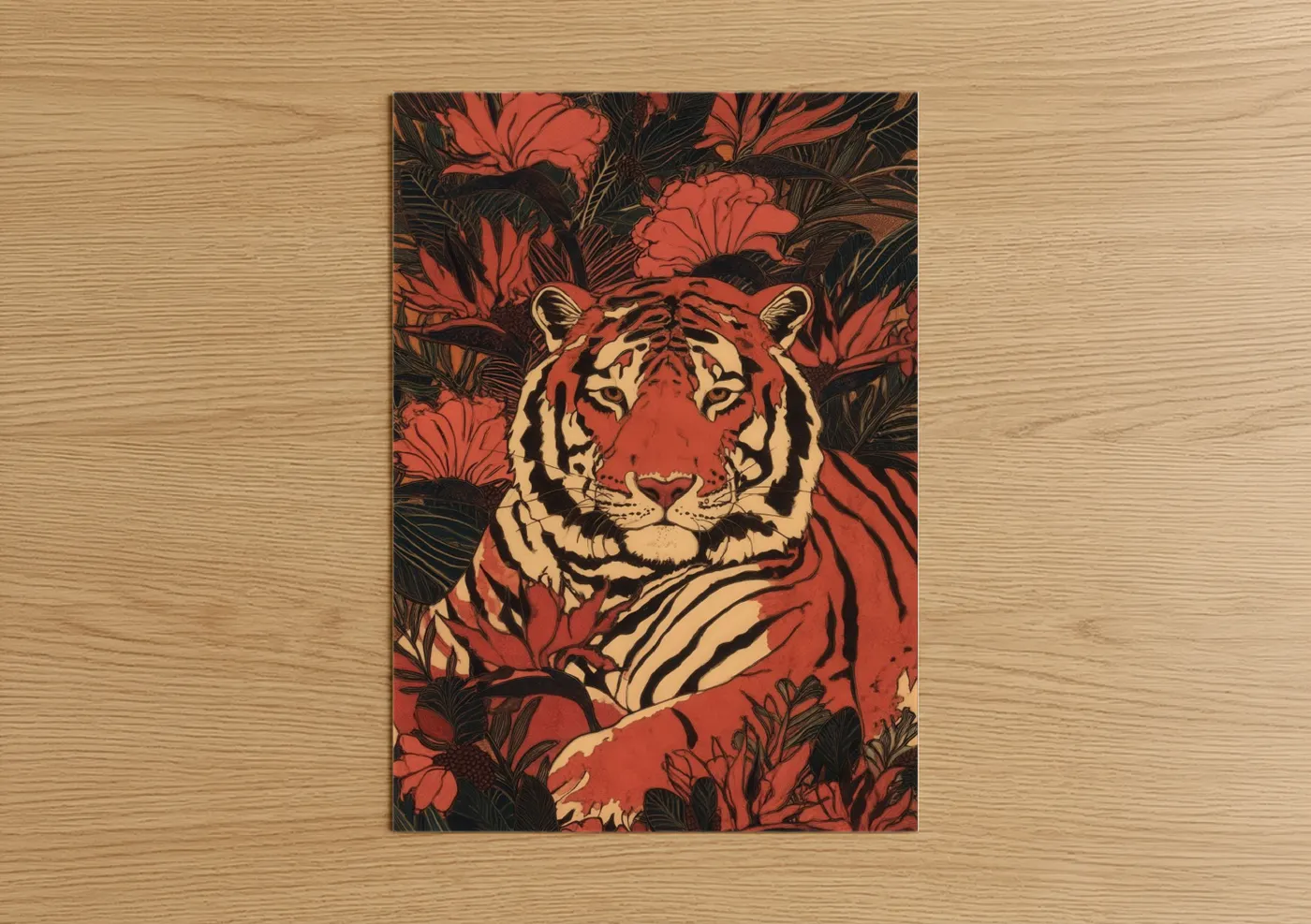 Crimson Tiger Portrait With Floral Backdrop Wall Art
