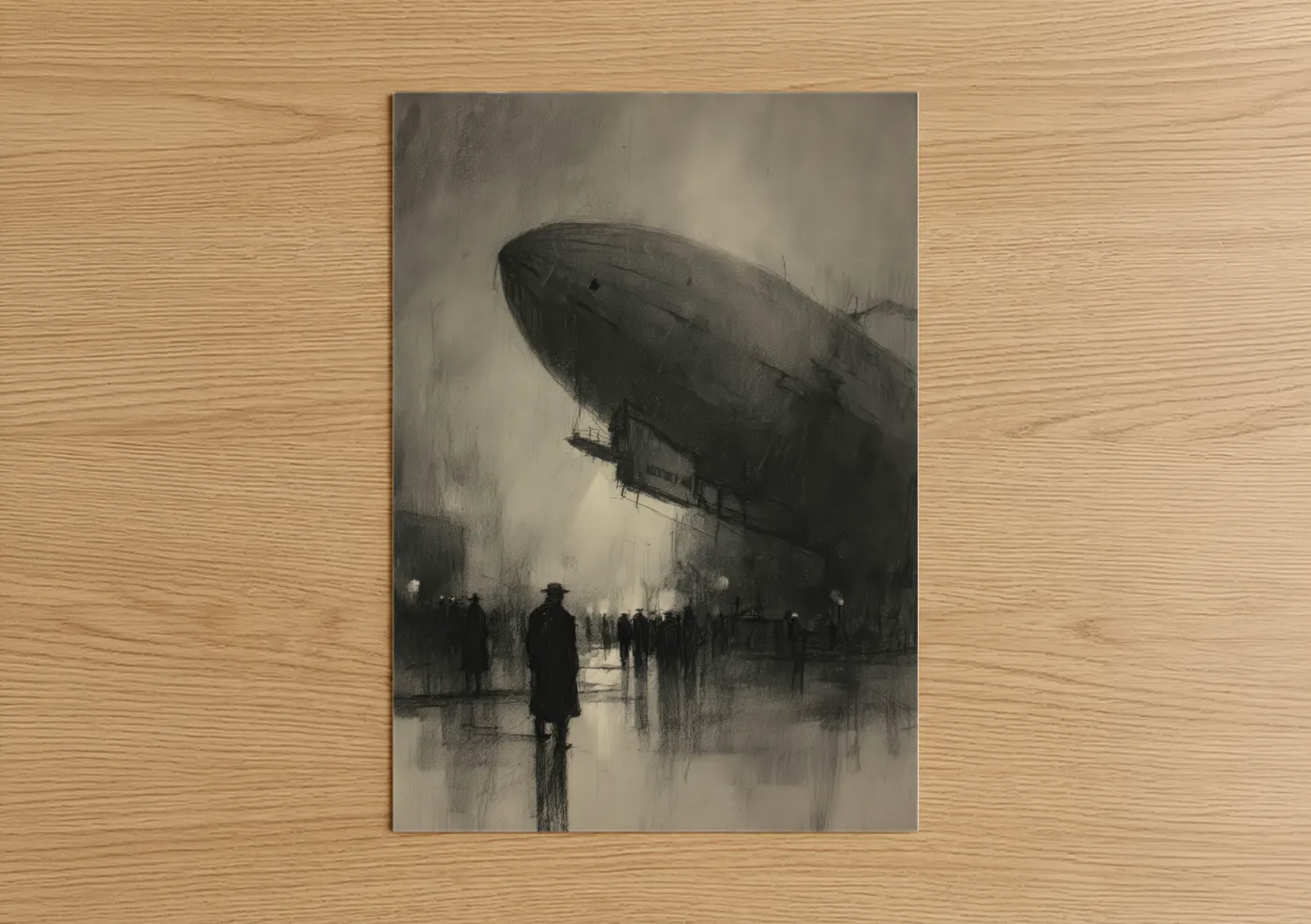 Art print on warm oak wood — black and white and gray palette — Moody Airship poster