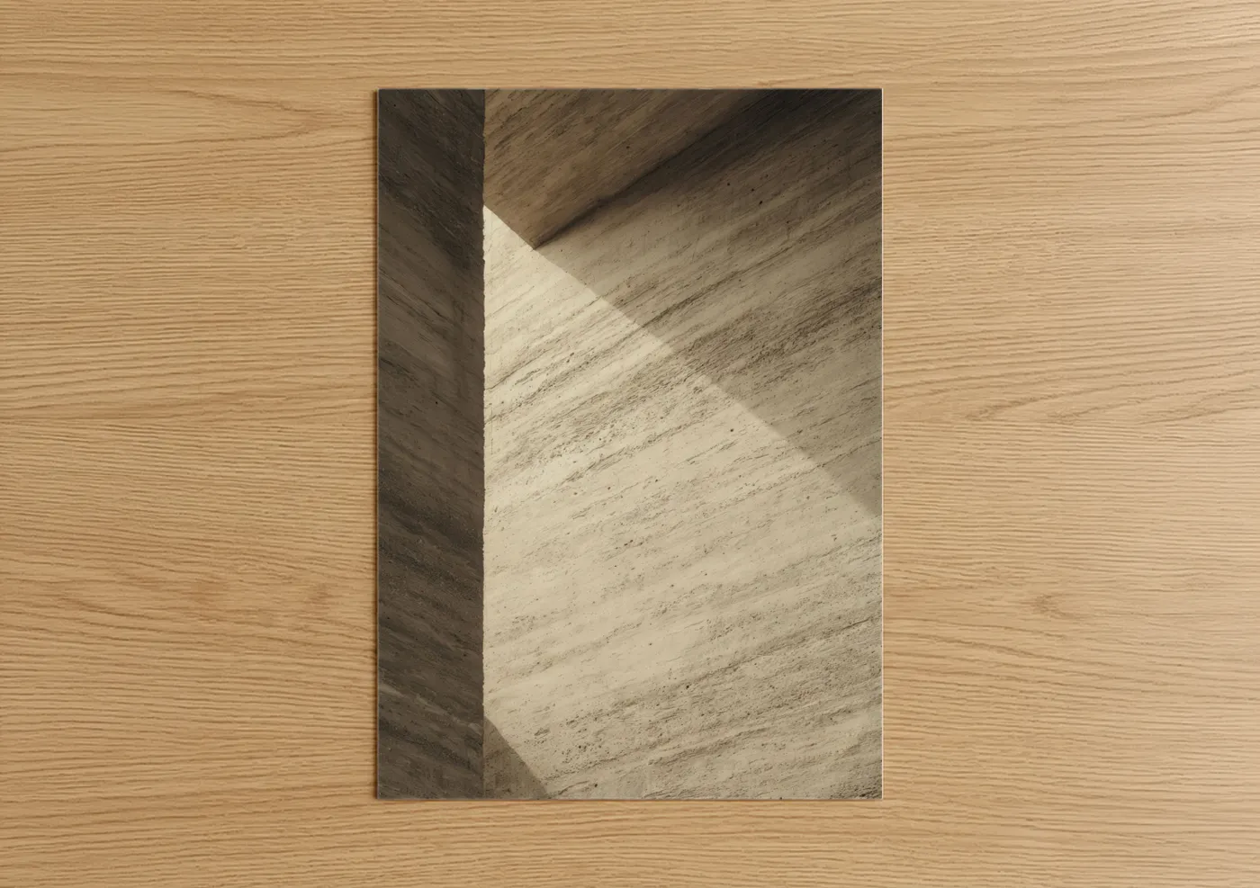 Natural stones art print on warm oak wood — cream and dove gray palette — Shadow Geometry poster