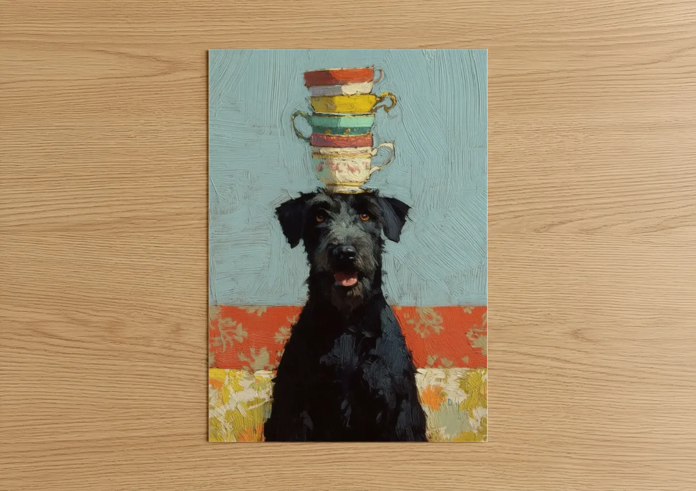 Art print on warm oak wood — blue and orange palette — Teacup Terrier poster