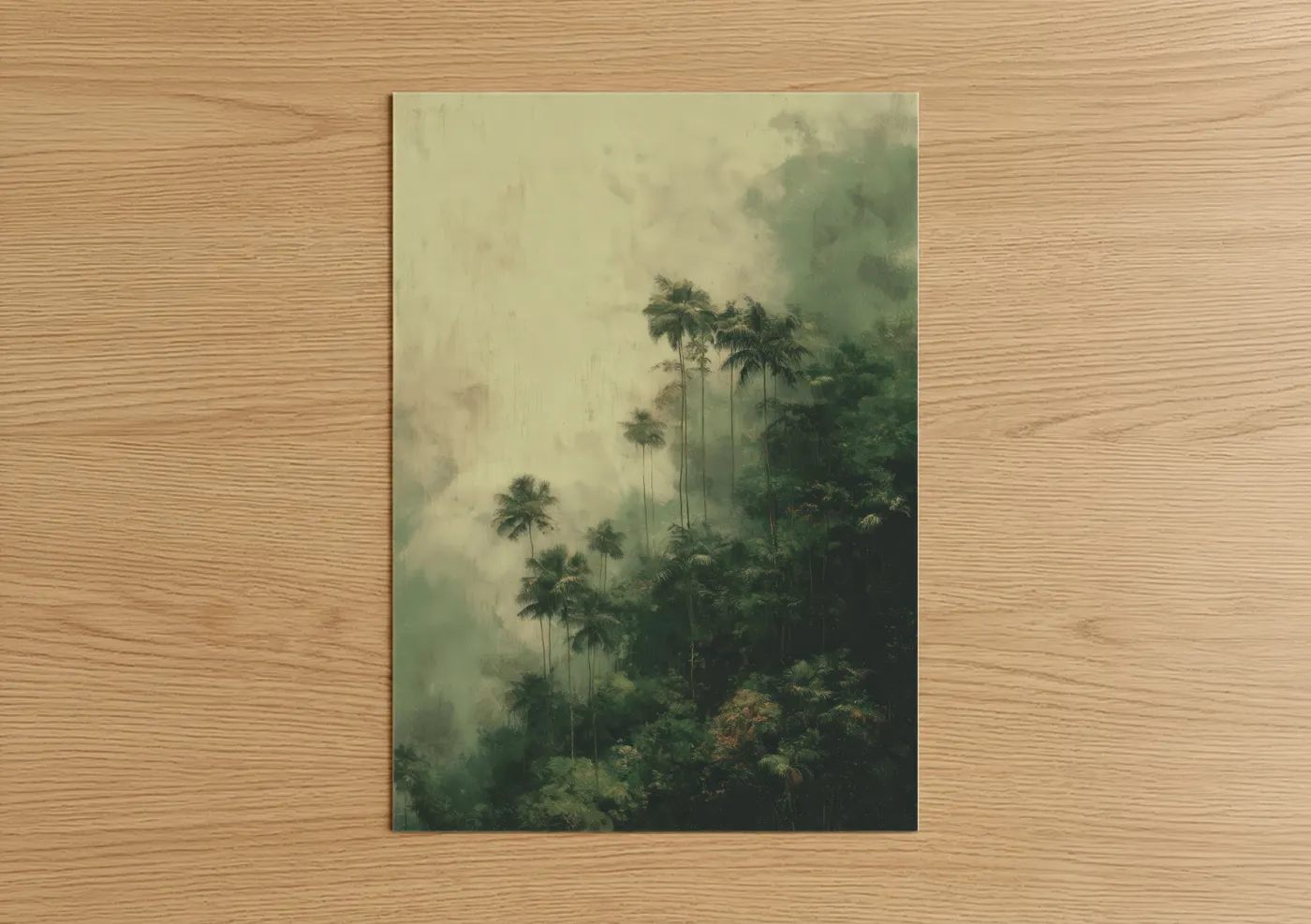 Art print on warm oak wood — light green and cream palette — Misty Palm Forest poster