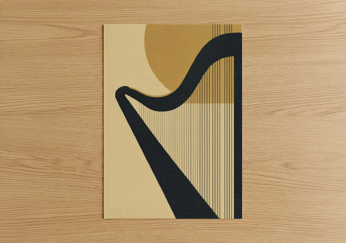 Art print on warm oak wood — gold and black palette — Minimalist Harp poster