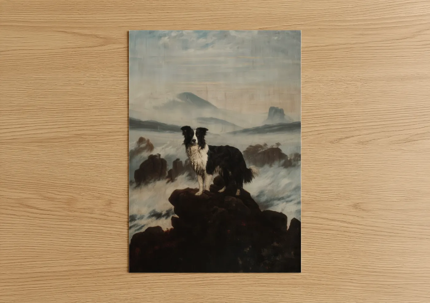 Shepherd dogs and collies art print on warm oak wood — gray and white and dove gray palette — Mountain Guardian poster