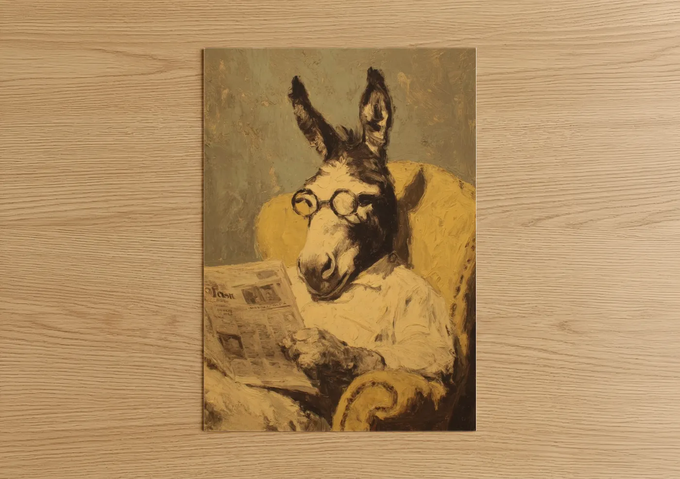 Art print on warm oak wood — gold and brown palette — Scholarly Mule poster