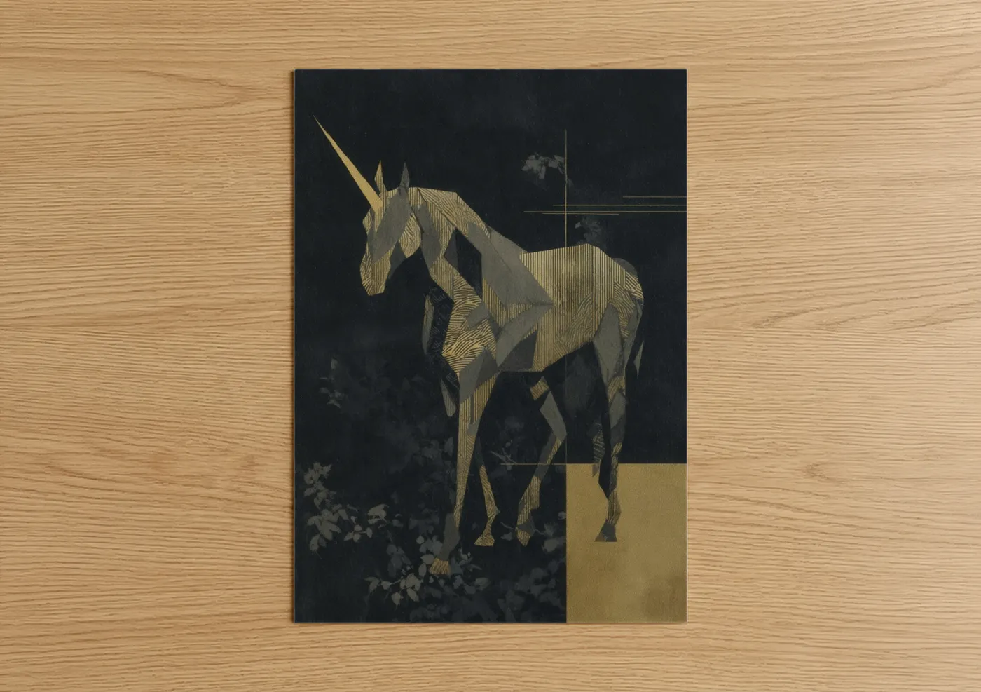 Golden Unicorn Art Deco Illustration Wall Art