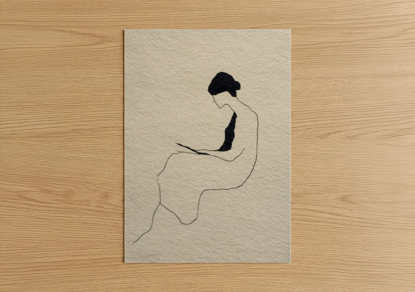 Reading art print on warm oak wood — black and white and cream palette — Contemplative Reader poster