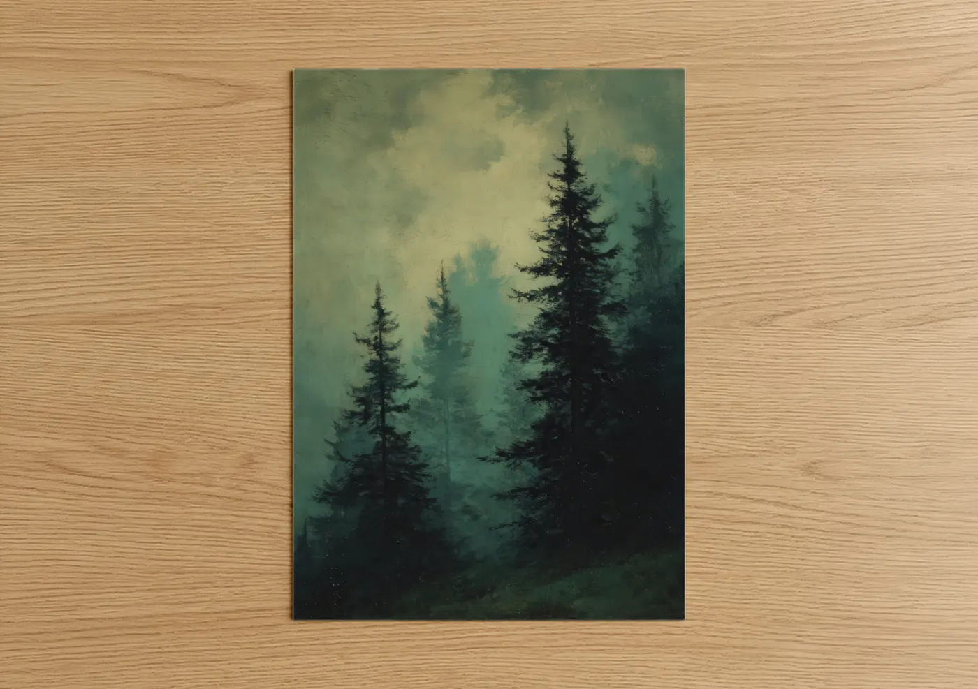 Misty Cedar Forest Landscape Painting Wall Art