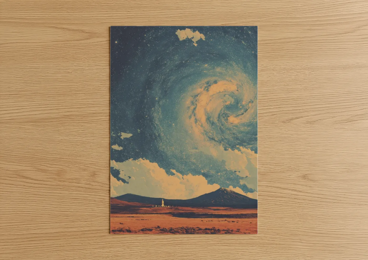 Galaxy art print on warm oak wood — gold and teal palette — Cosmic Mountain poster