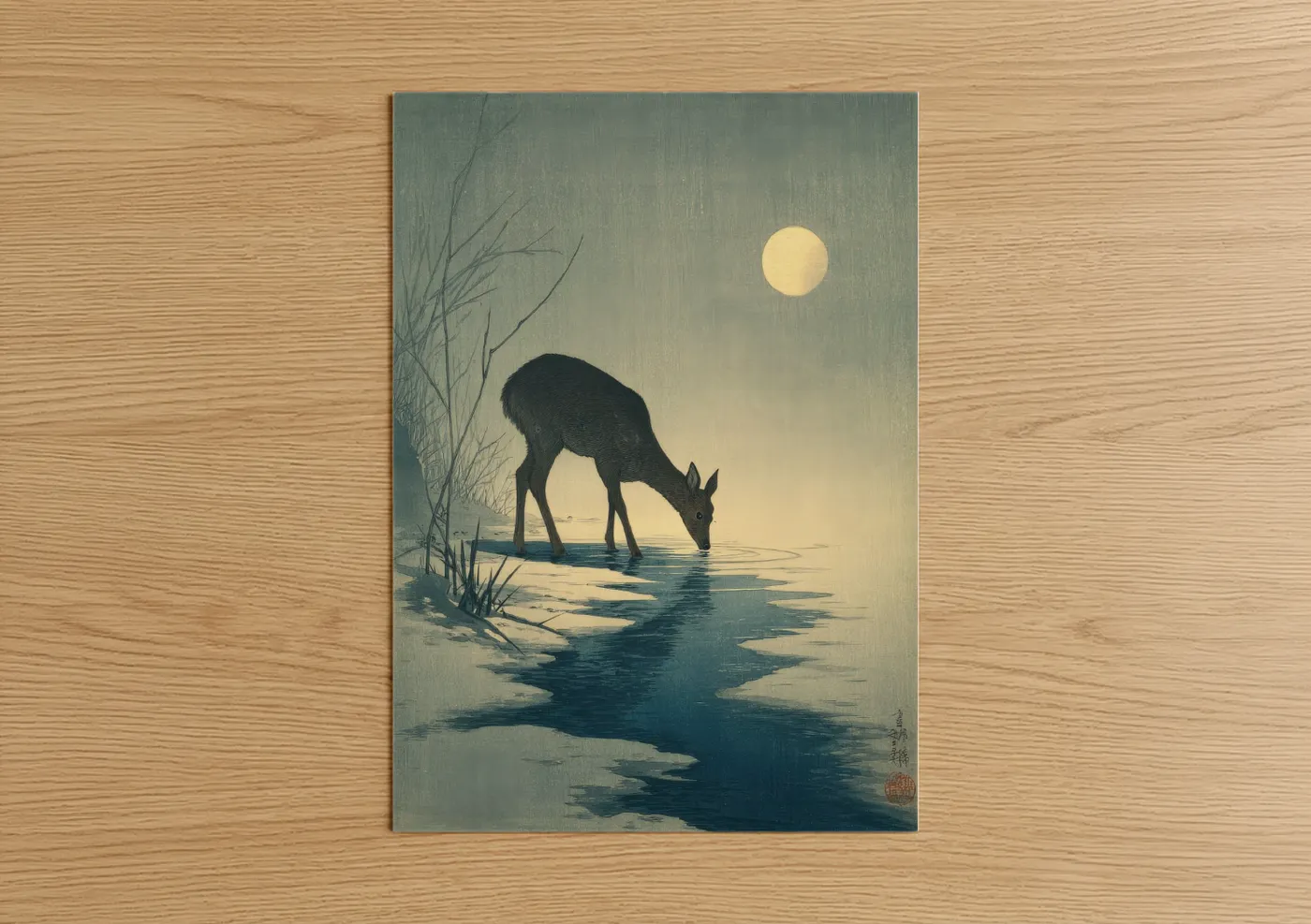 Moonlit Elk Drinking by Water Wall Art