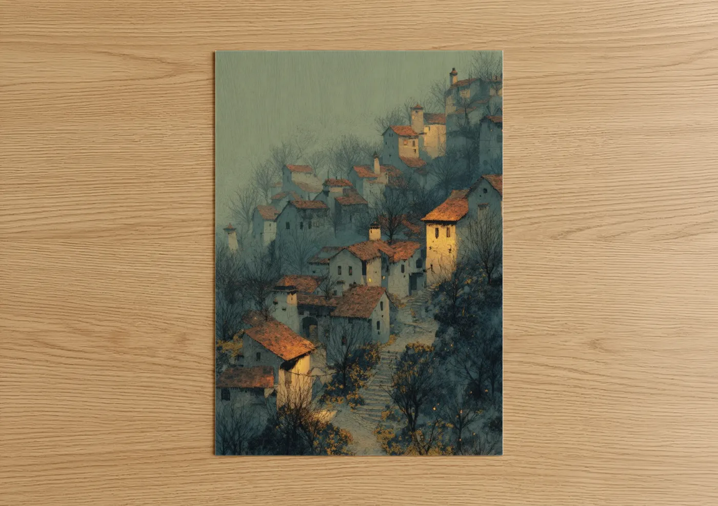 Misty Medieval Village Watercolor Illustration Wall Art
