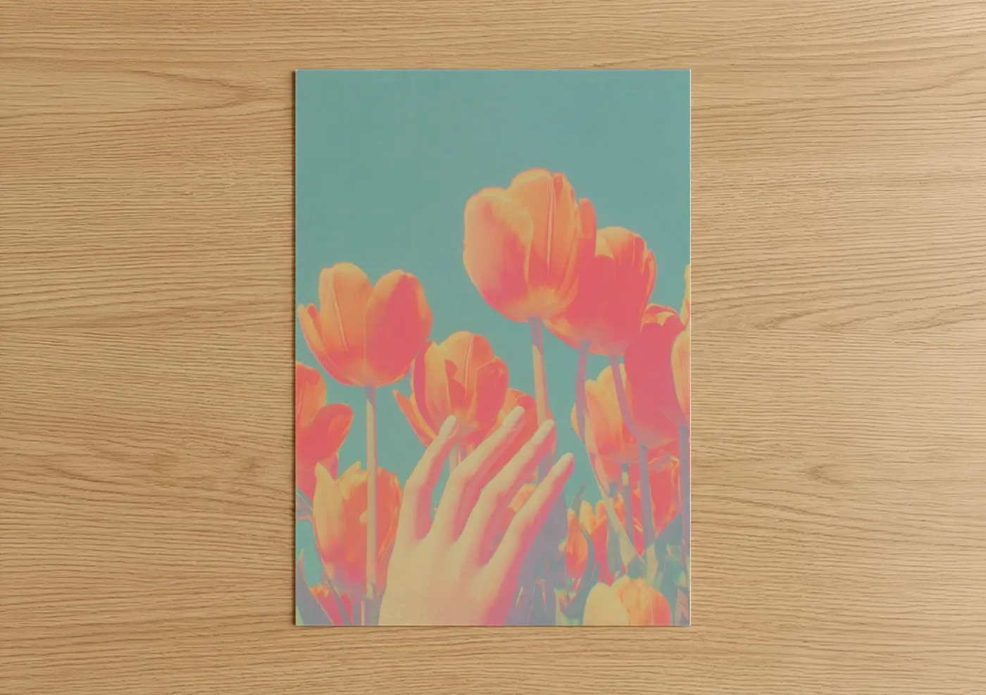 Coral Tulip Nail Art with Floral Hand Gesture Wall Art