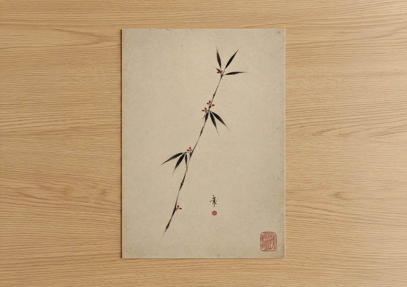 Art print on warm oak wood — black and white and beige palette — Japanese Bamboo Branch Wall Art poster