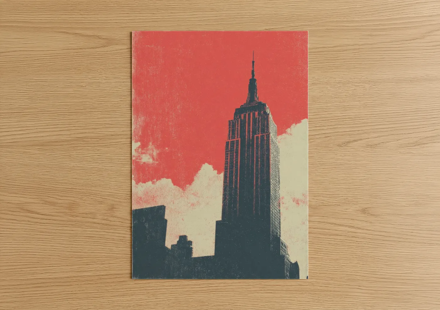 Empire state building art print on warm oak wood — red and black and white palette — Crimson Skyline poster