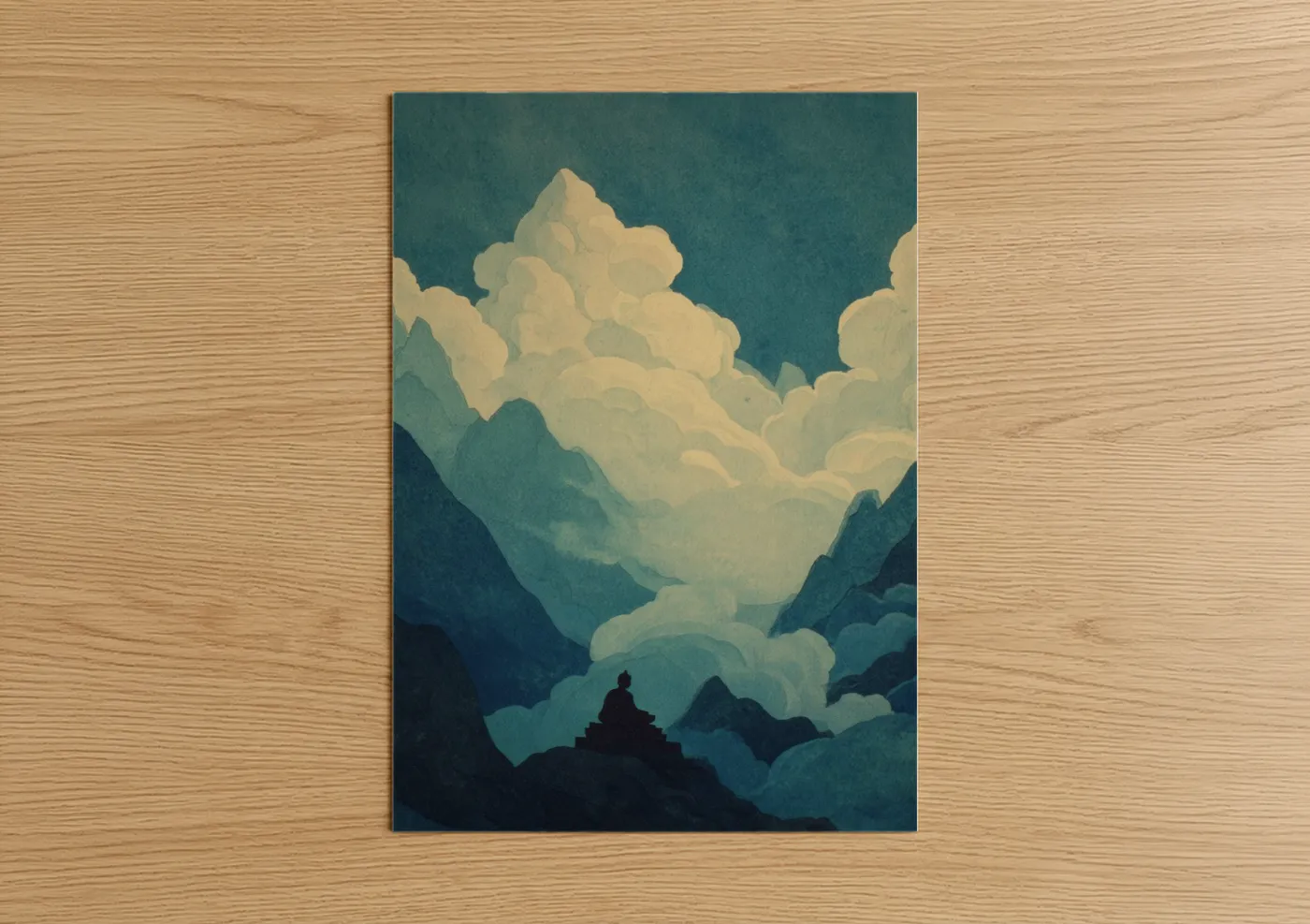 Yoga art print on warm oak wood — teal and cream palette — Meditative Summit poster