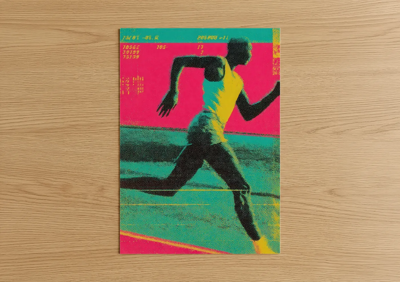 Running art print on warm oak wood — magenta and turquoise palette — Neon Runner poster