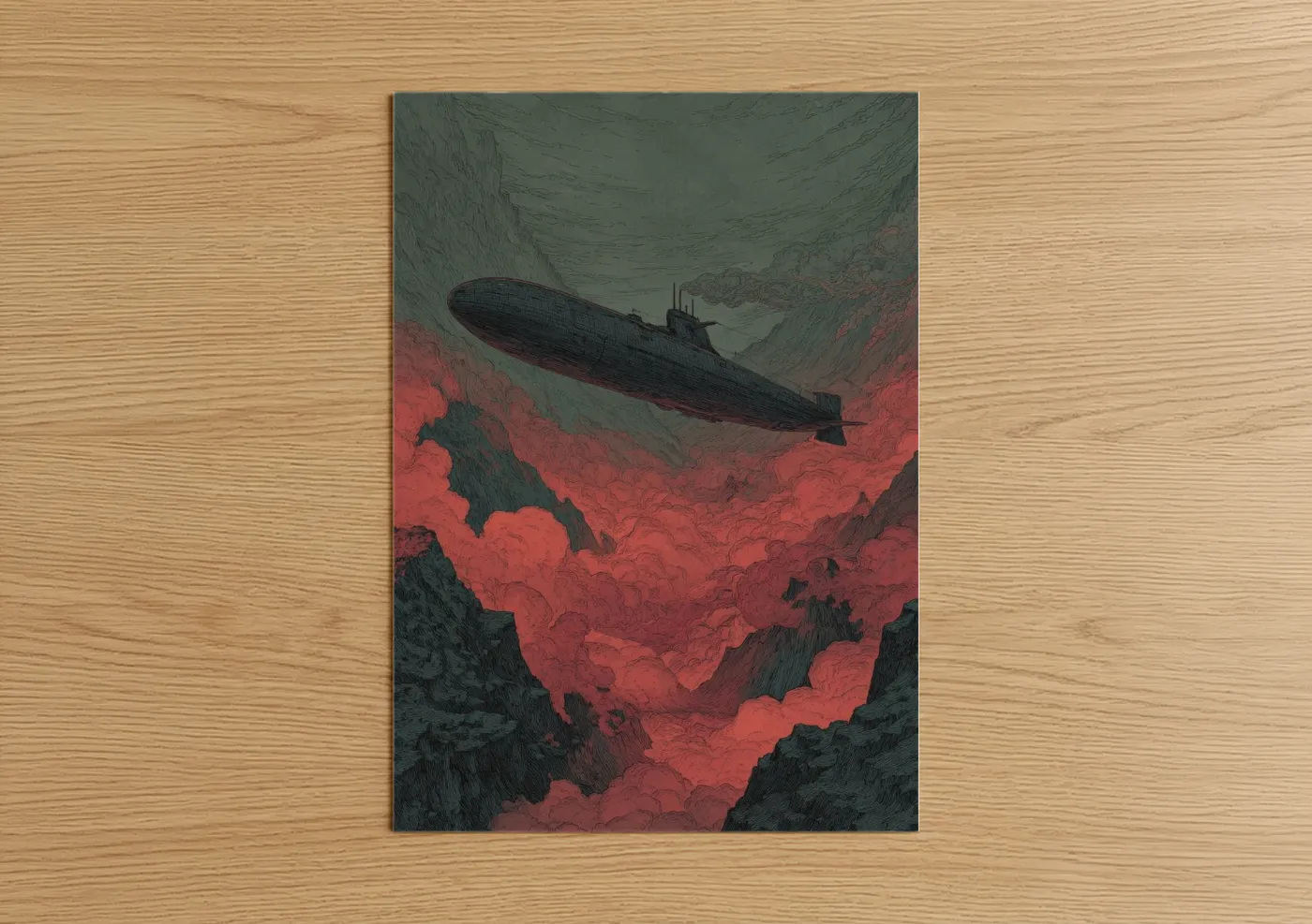 Art print on warm oak wood — gray and red palette — Abyssal Submarine poster