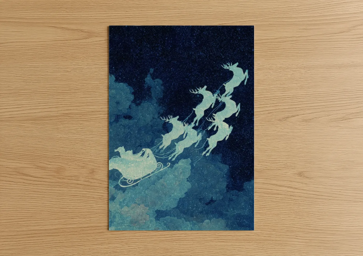 Christmas art print on warm oak wood — dark blue and light green palette — Magical Reindeer Flight poster