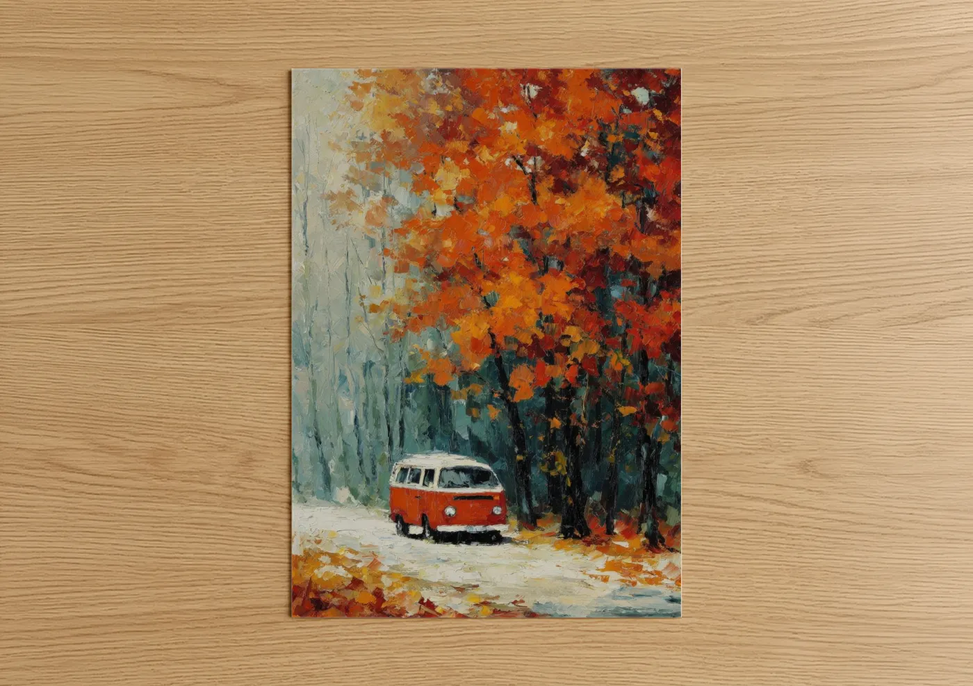Art print on warm oak wood — orange and gold palette — Autumn Van poster