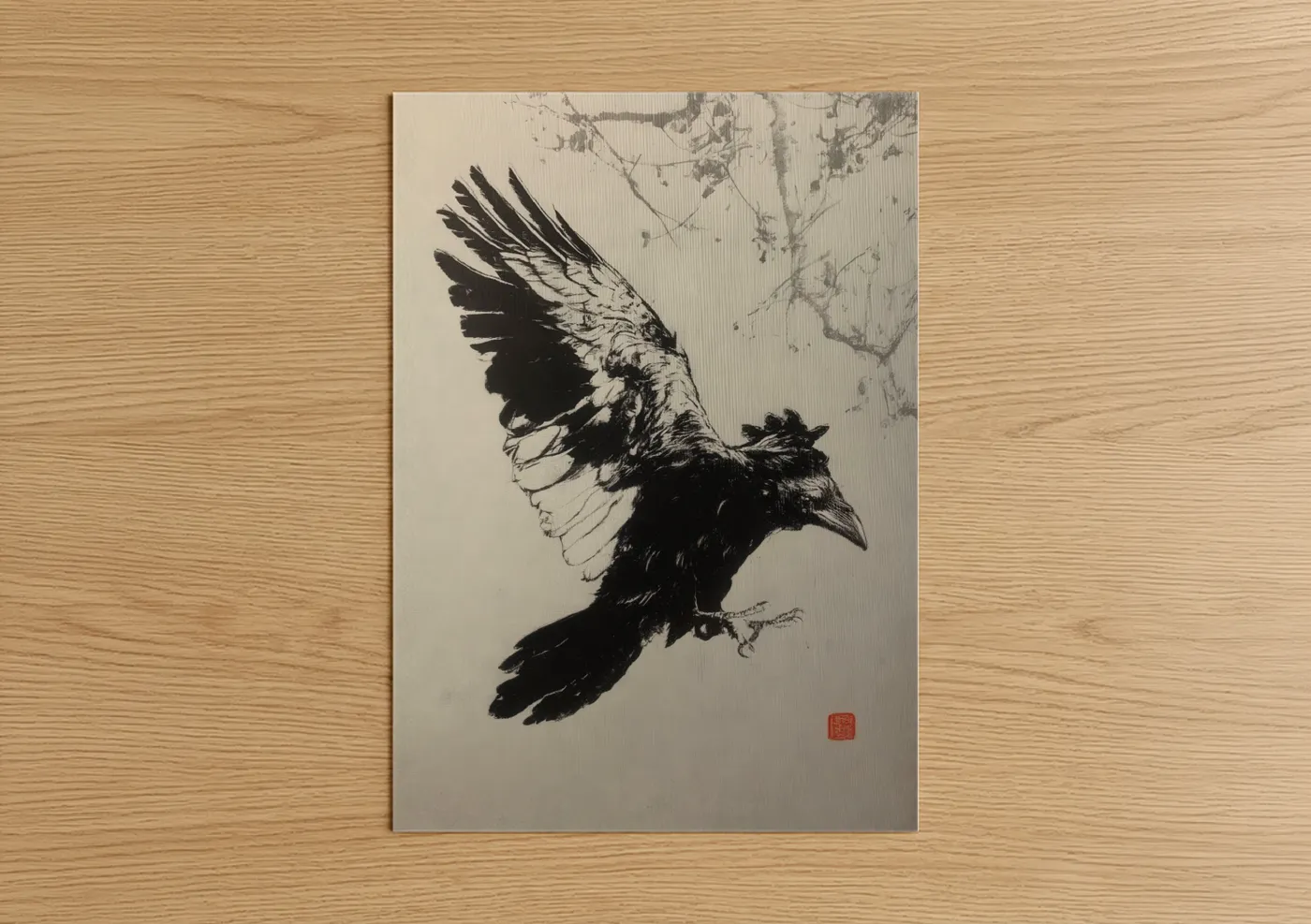 Black Raven Flight Study Ink Drawing Wall Art