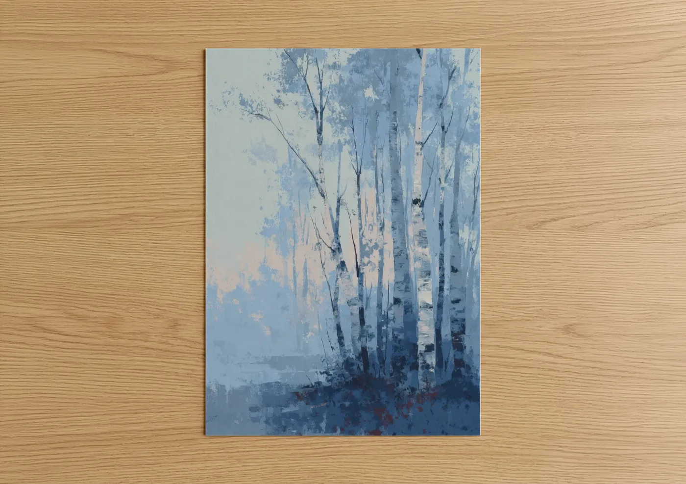 Art print on warm oak wood — blue and white palette — Misty Birch Forest poster