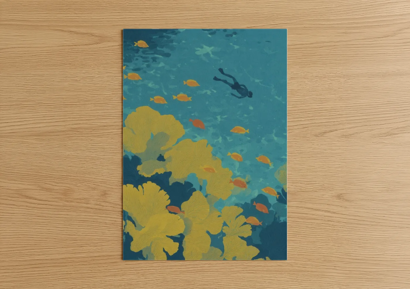 Art print on warm oak wood — teal and gold palette — Coral Snorkeling poster