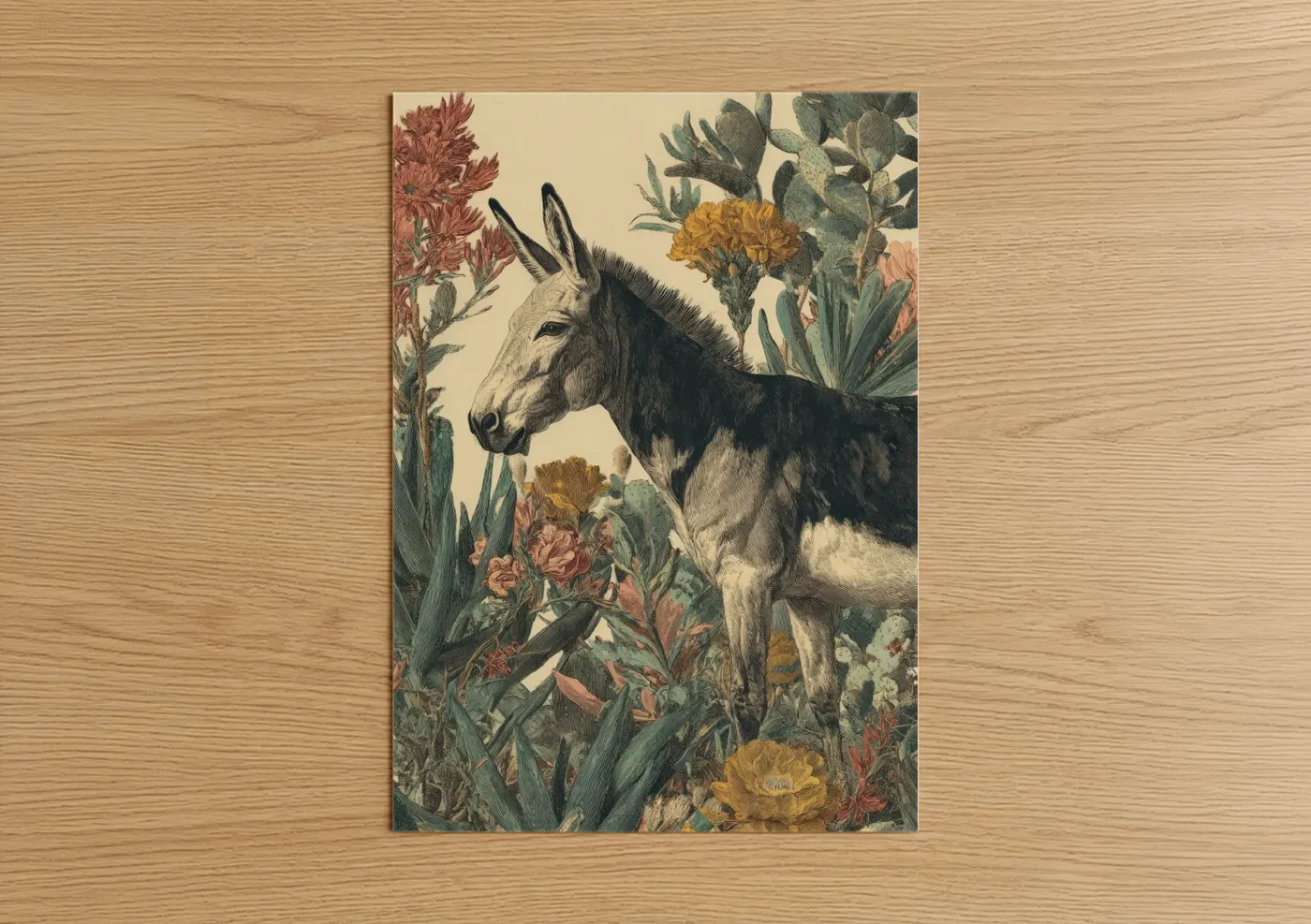 Art print on warm oak wood — cream and russet palette — Desert Mule Botanicals poster