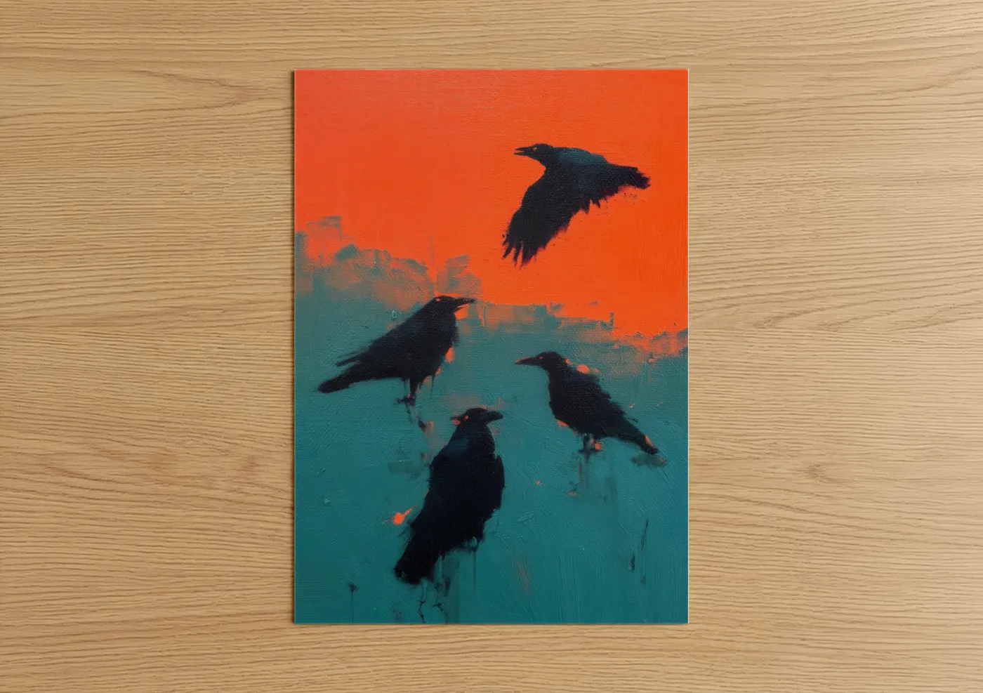 Crows and ravens art print on warm oak wood — orange and teal palette — Sunset Ravens poster
