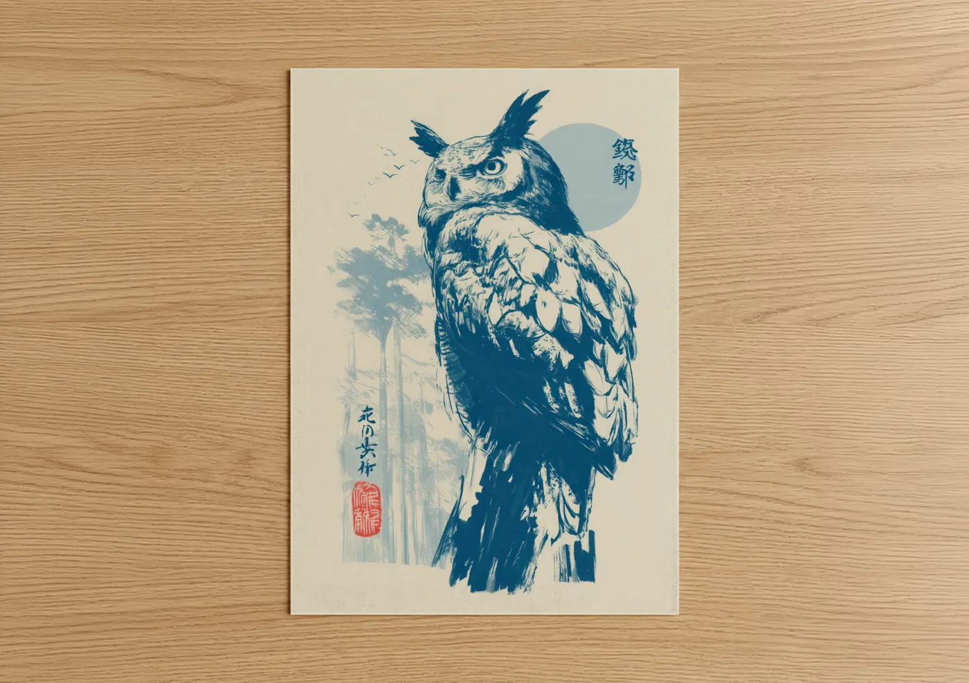 Blue Owl Japanese Woodblock Wall Art