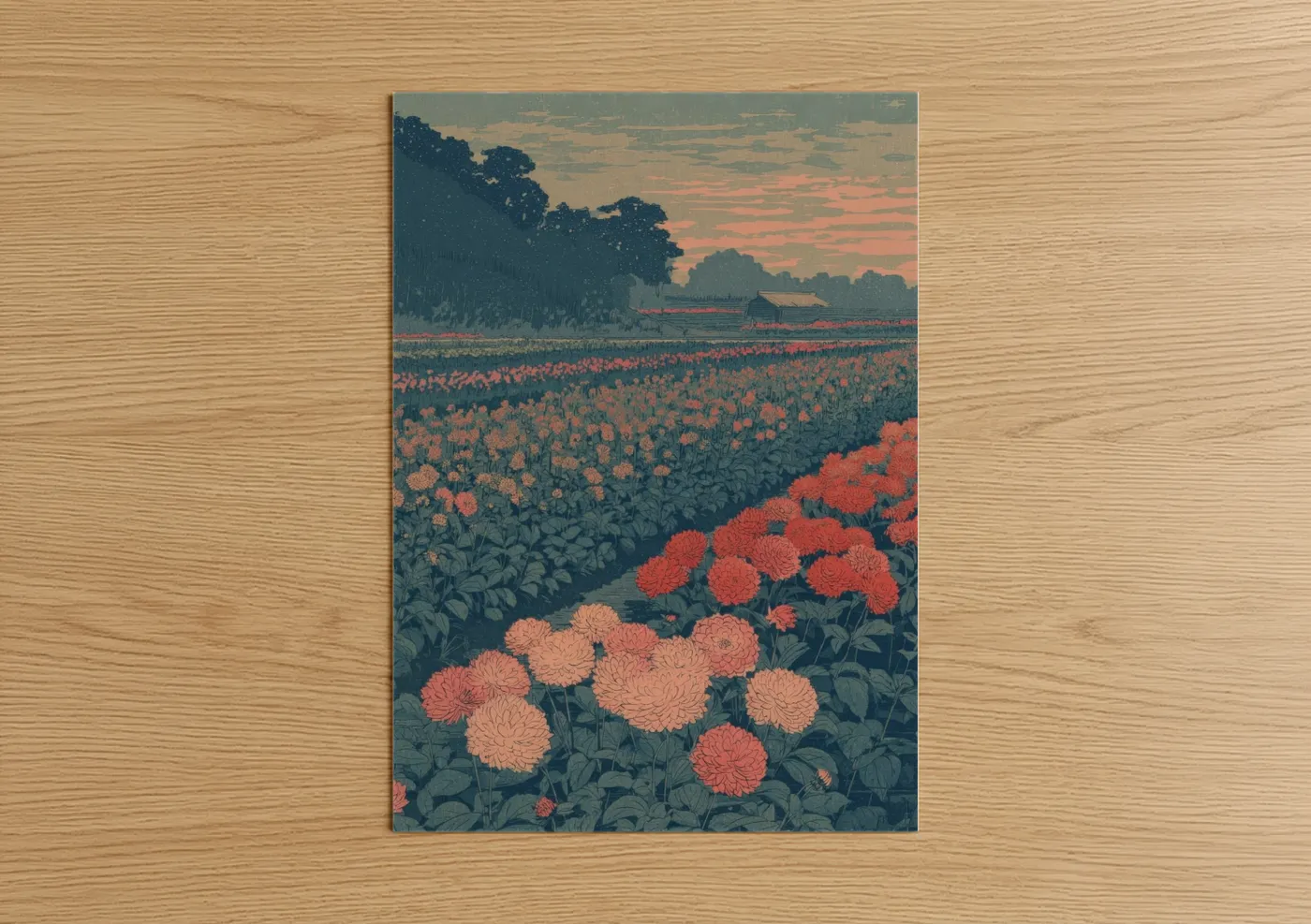 Art print on warm oak wood — gold and salmon pink palette — Sunset Dahlia Field poster