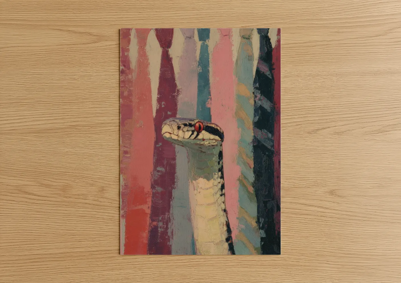 Art print on warm oak wood — magenta and teal palette — Crimson Python poster