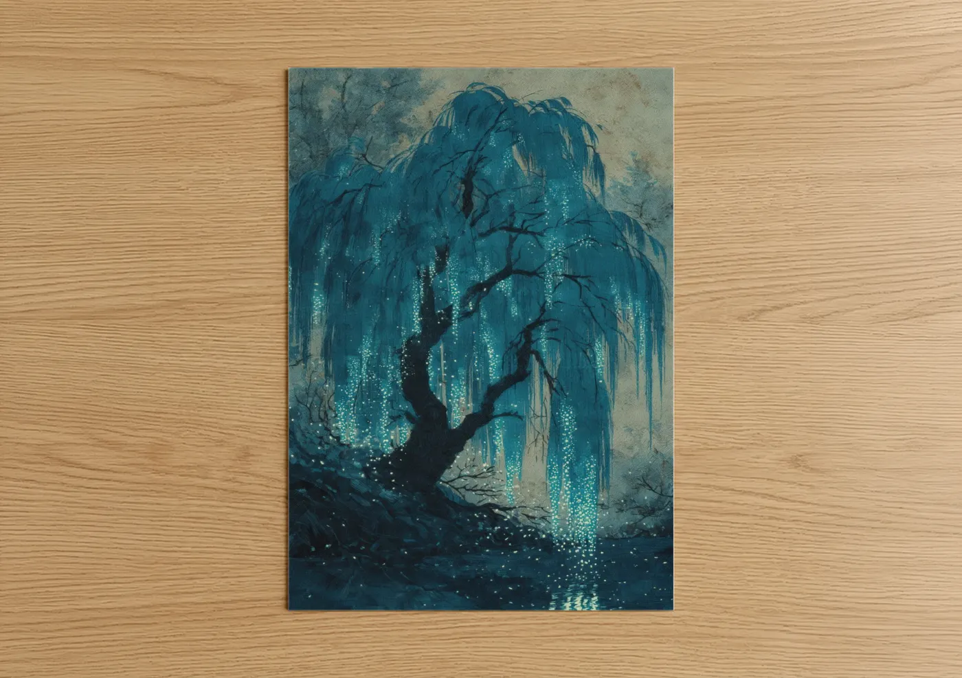 Willow tree art print on warm oak wood — teal and gray palette — Luminous Willow poster