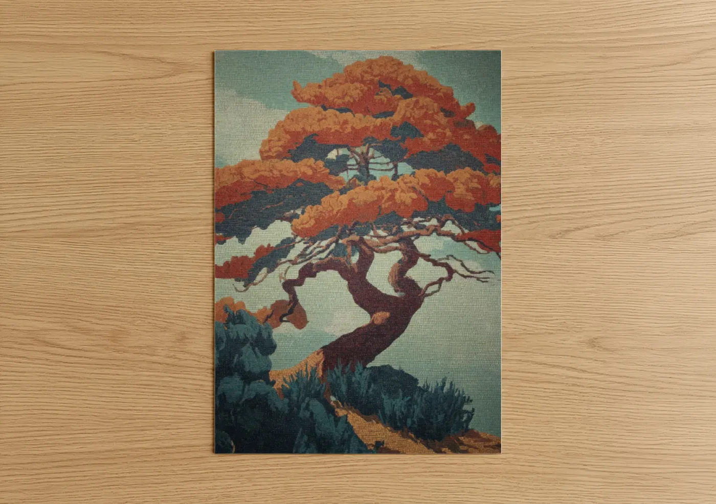 Bonsai tree art print on warm oak wood — russet and bermuda gray palette — Crimson Bonsai poster