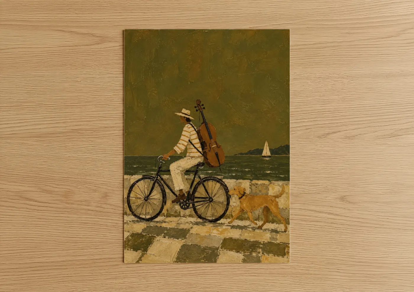Bicycle art print on warm oak wood — olive and cream palette — Cyclist With Cello and Dog Wall Art poster