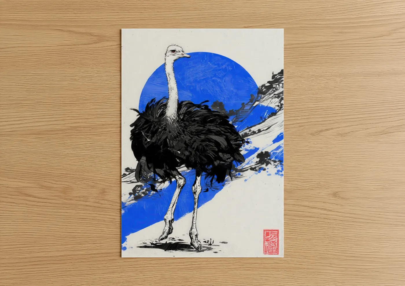 Cobalt Ostrich Modern Art Print Wall Art