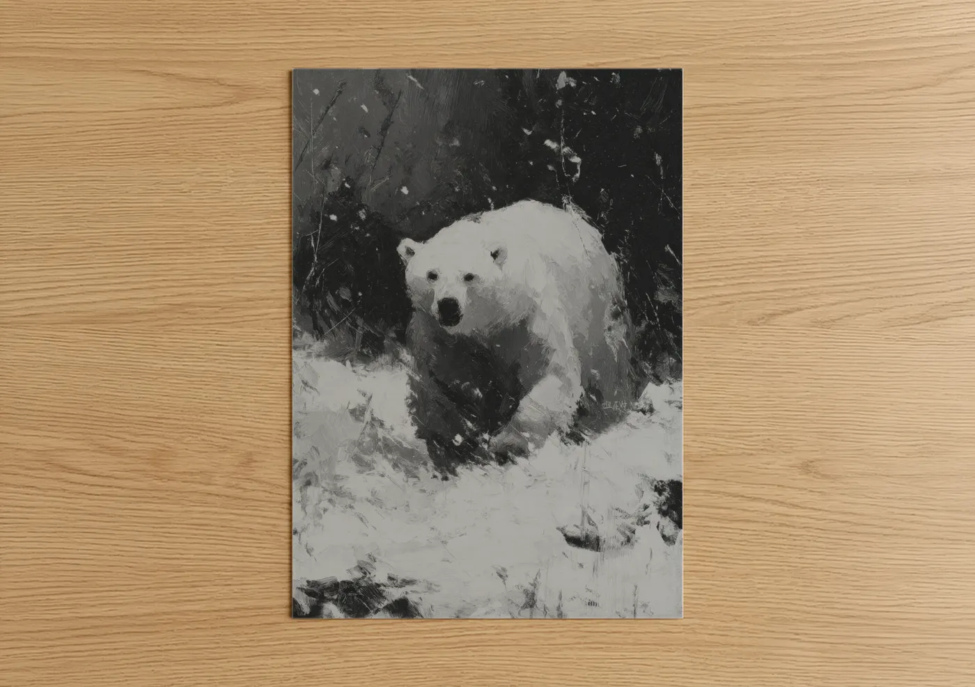 Art print on warm oak wood — black and white and gray palette — Snowy Polar Bear poster