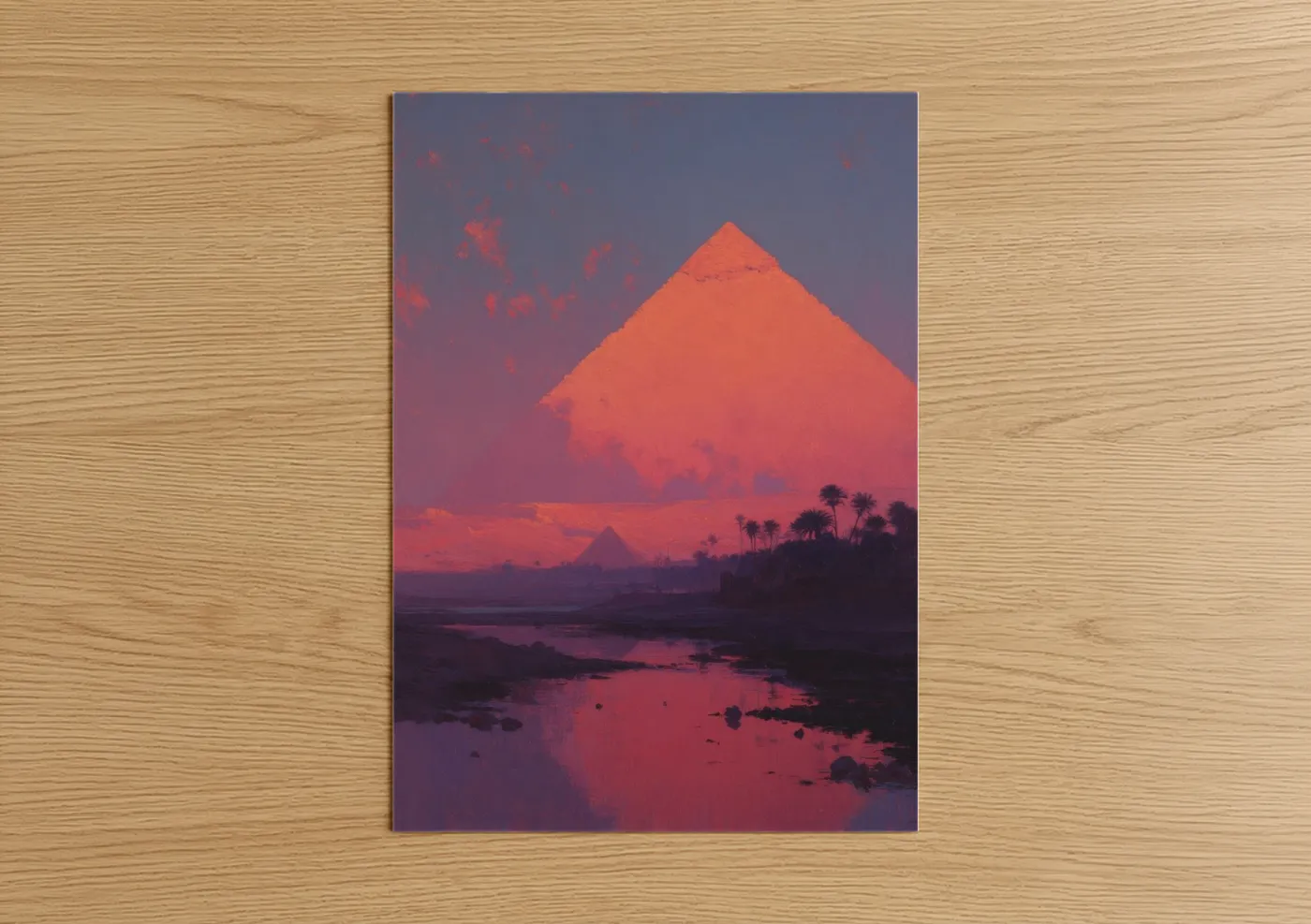 Great pyramid of giza art print on warm oak wood — orange and purple palette — Crimson Pyramid Sunset poster