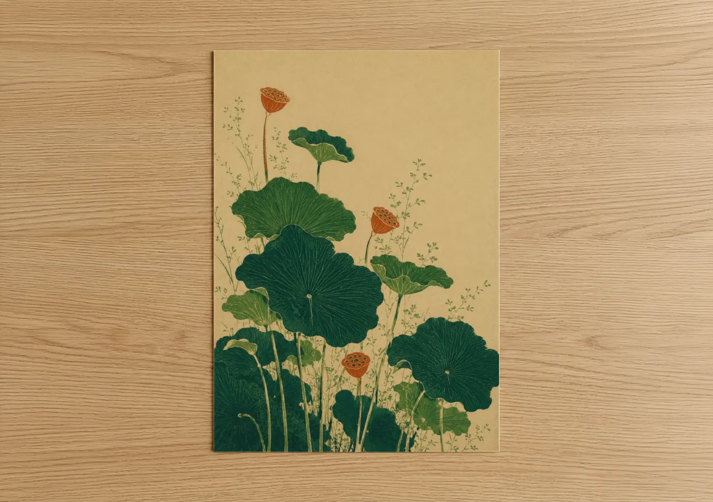 Art print on warm oak wood — true green and beige palette — Lotus and Seed Pods Botanical Wall Art poster